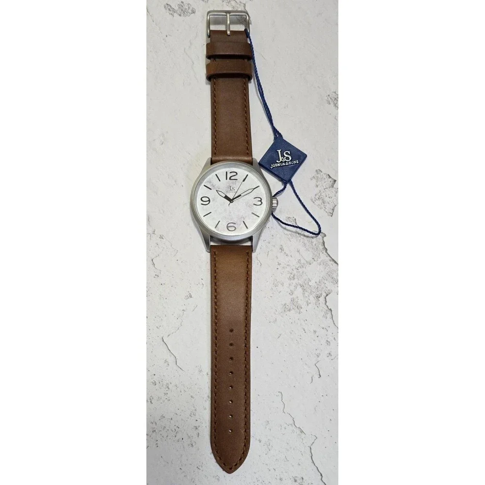 Men's Joshua & Son's JX144TN Quartz Whitr Marble Dial Tan Leather Strap Watch